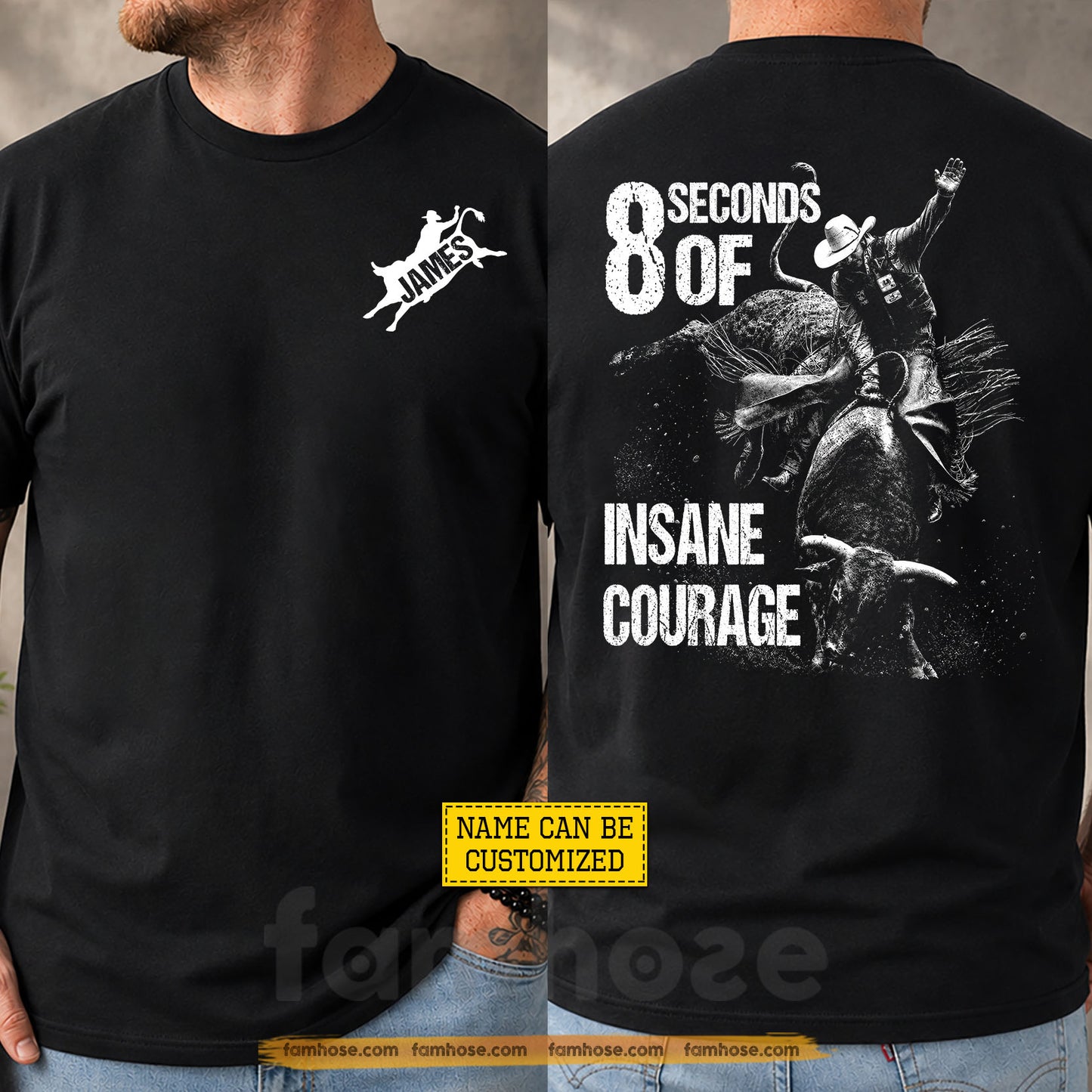 Personalized Cowboy Bull Riding Two-sided T-shirt, 8 Seconds Of Insane Courage Tees Gift For Cowboys, Bull Riding Lover