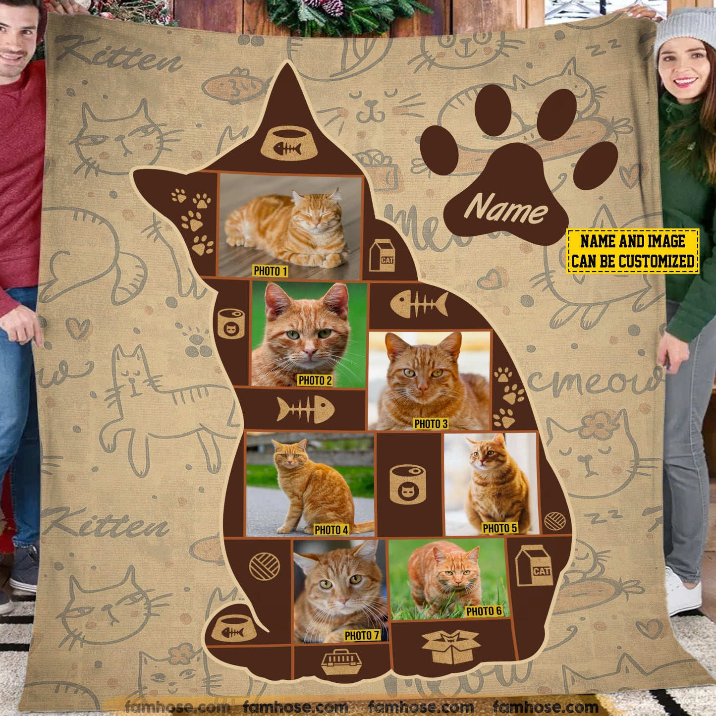 Personalized Photos Of Cat Fleece Blanket, Custom Cat Name Woven Blanket, Sherpa Blanket Gift For Cat Lovers