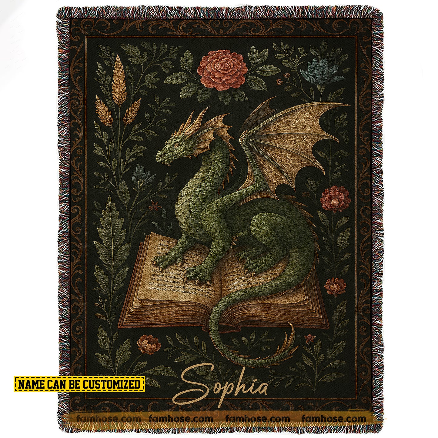 Personalized Dragon & Book Fleece Blanket, Green Dragon On Book Woven Blanket, Sherpa Blanket Gift For Dragon Lovers, Book Lovers