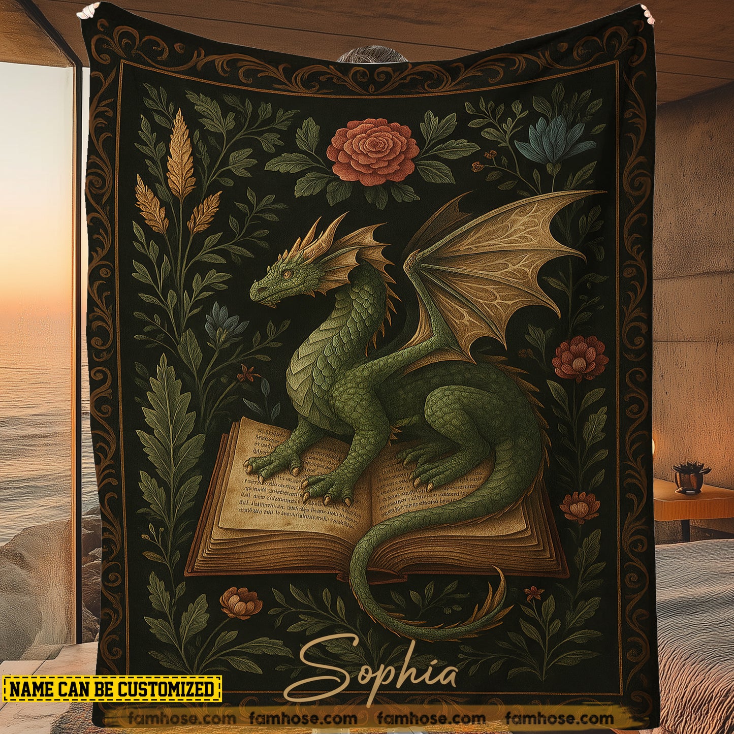Personalized Dragon & Book Fleece Blanket, Green Dragon On Book Woven Blanket, Sherpa Blanket Gift For Dragon Lovers, Book Lovers
