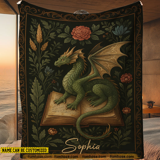 Personalized Dragon & Book Fleece Blanket, Green Dragon On Book Woven Blanket, Sherpa Blanket Gift For Dragon Lovers, Book Lovers