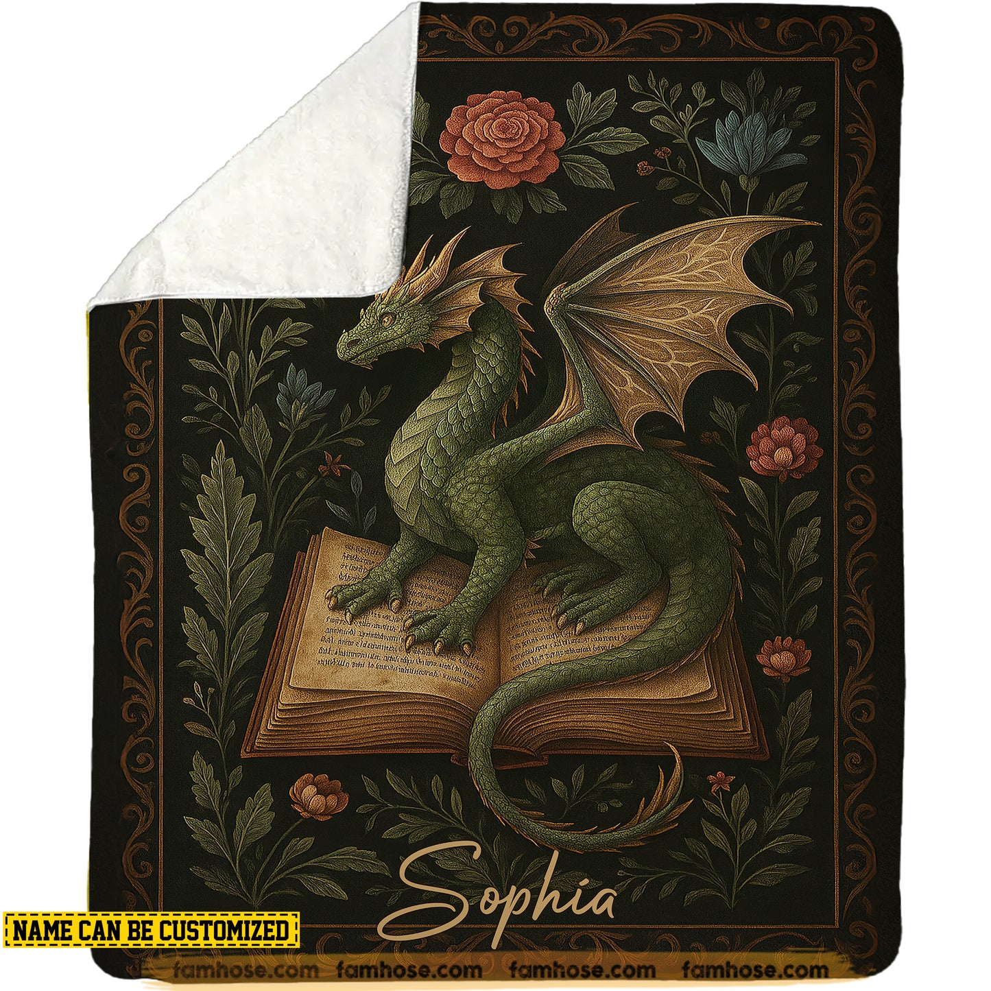 Personalized Dragon & Book Fleece Blanket, Green Dragon On Book Woven Blanket, Sherpa Blanket Gift For Dragon Lovers, Book Lovers