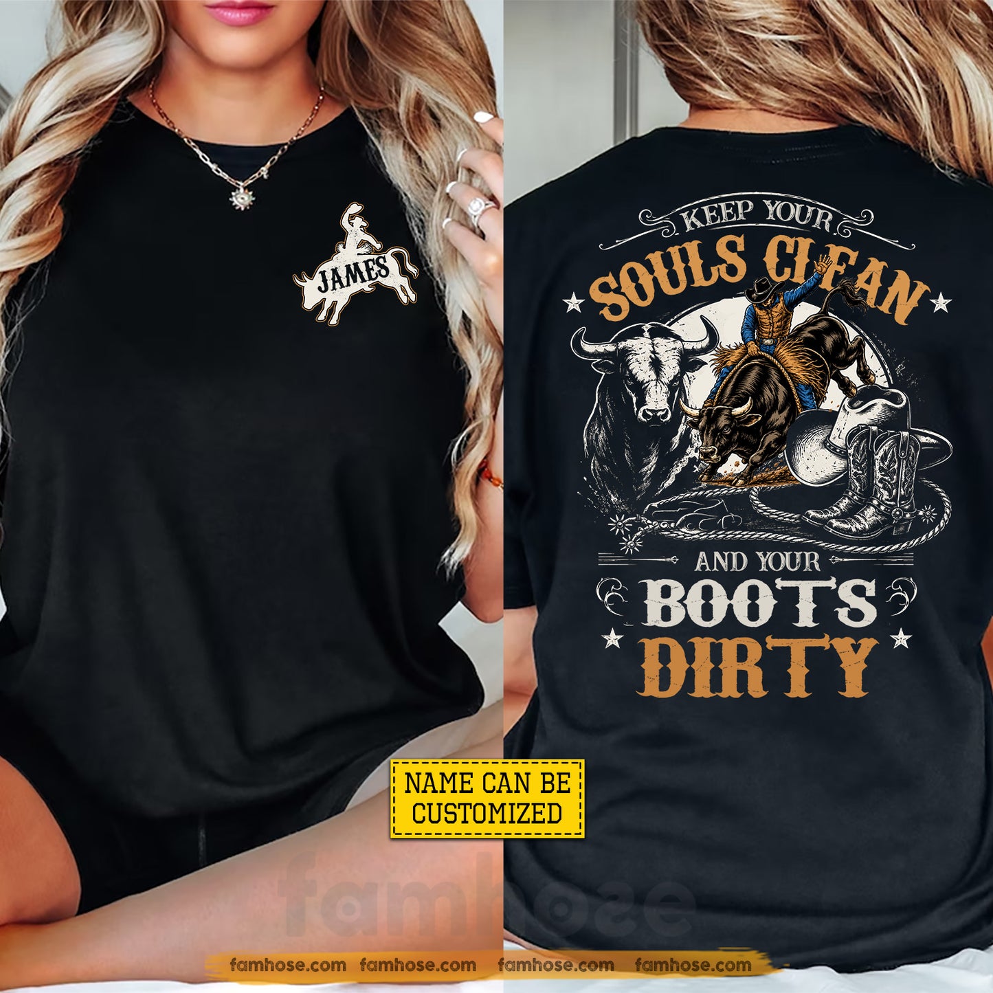 Personalized Cowboy Bull Riding Two-sided T-shirt, Keep Your Souls Clean Tees Gift For Cowboys, Bull Riding Lover