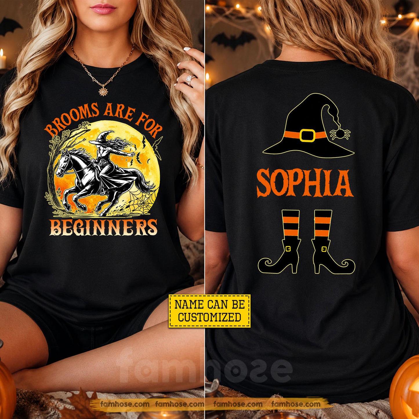 Personalized Halloween Horse Witch Two-sided T-shirt, Brooms Are For Beginners Tees Spooky Season Gift For Horse Lover