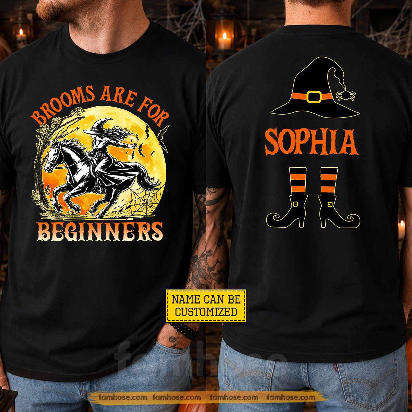 Personalized Halloween Horse Witch Two-sided T-shirt, Brooms Are For Beginners Tees Spooky Season Gift For Horse Lover