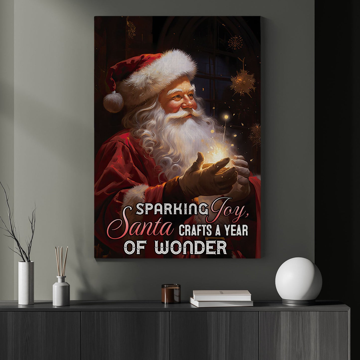 Sparkling Joy, Santa Crafts a Year of Wonder, Santa Claus Christmas Canvas Painting, Xmas Wall Art Decor - Christmas Poster Gift