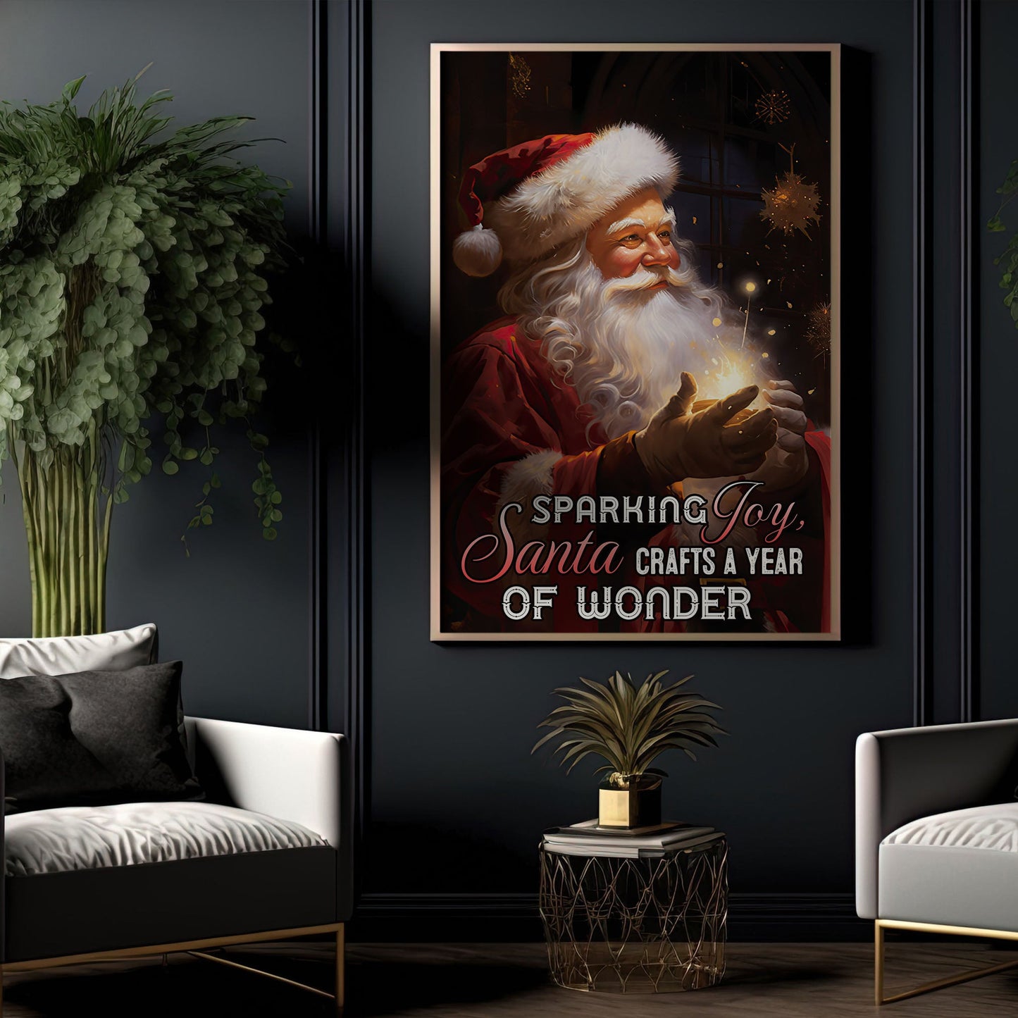 Sparkling Joy, Santa Crafts a Year of Wonder, Santa Claus Christmas Canvas Painting, Xmas Wall Art Decor - Christmas Poster Gift