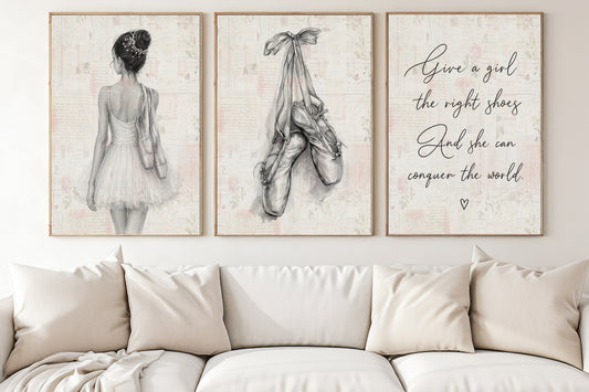 Set Of 3 Ballet Canvas Painting, Give A Girl The Right Shoes Wall Art Decor, Poster Gift For Ballerina, Ballet Lover