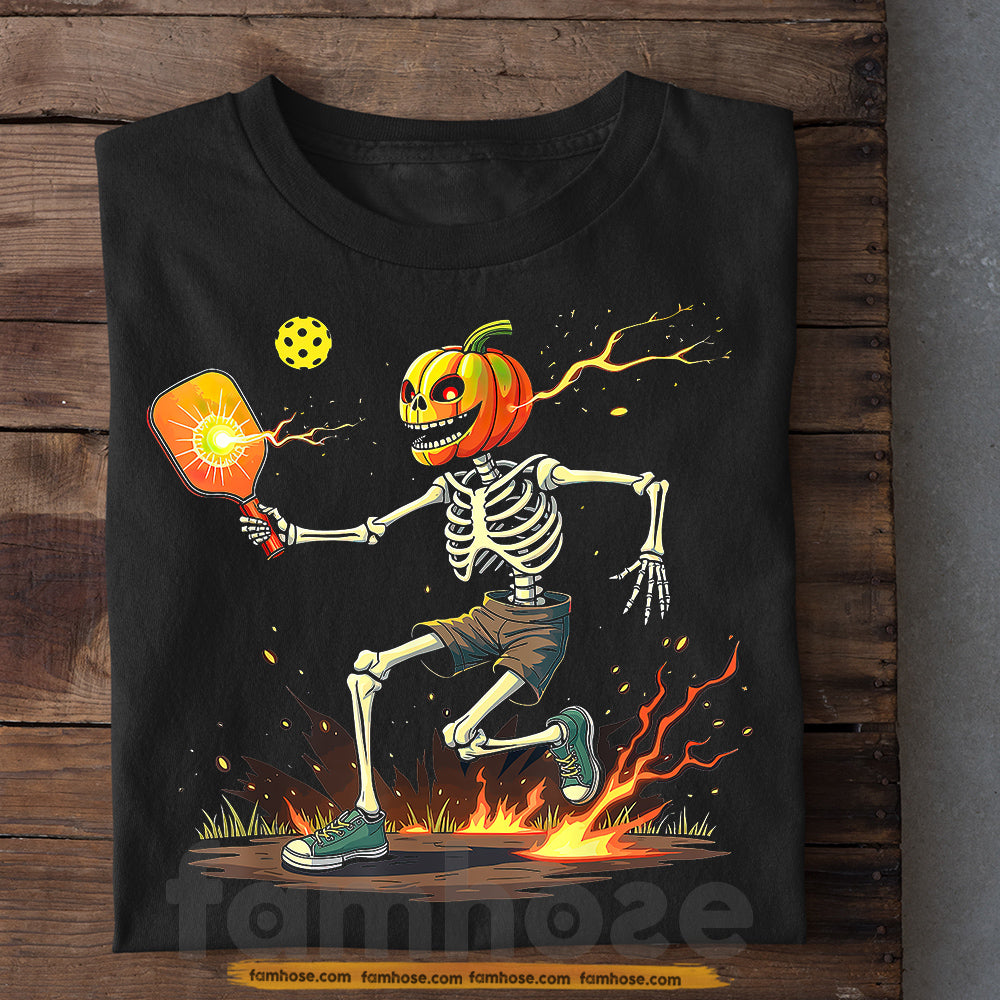 Halloween Pickleball Skeleton T-shirt, Skeleton On Fire Tees Spooky Season Gift For Pickleball Lovers
