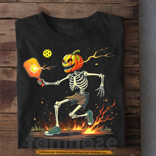 Halloween Pickleball Skeleton T-shirt, Skeleton On Fire Tees Spooky Season Gift For Pickleball Lovers