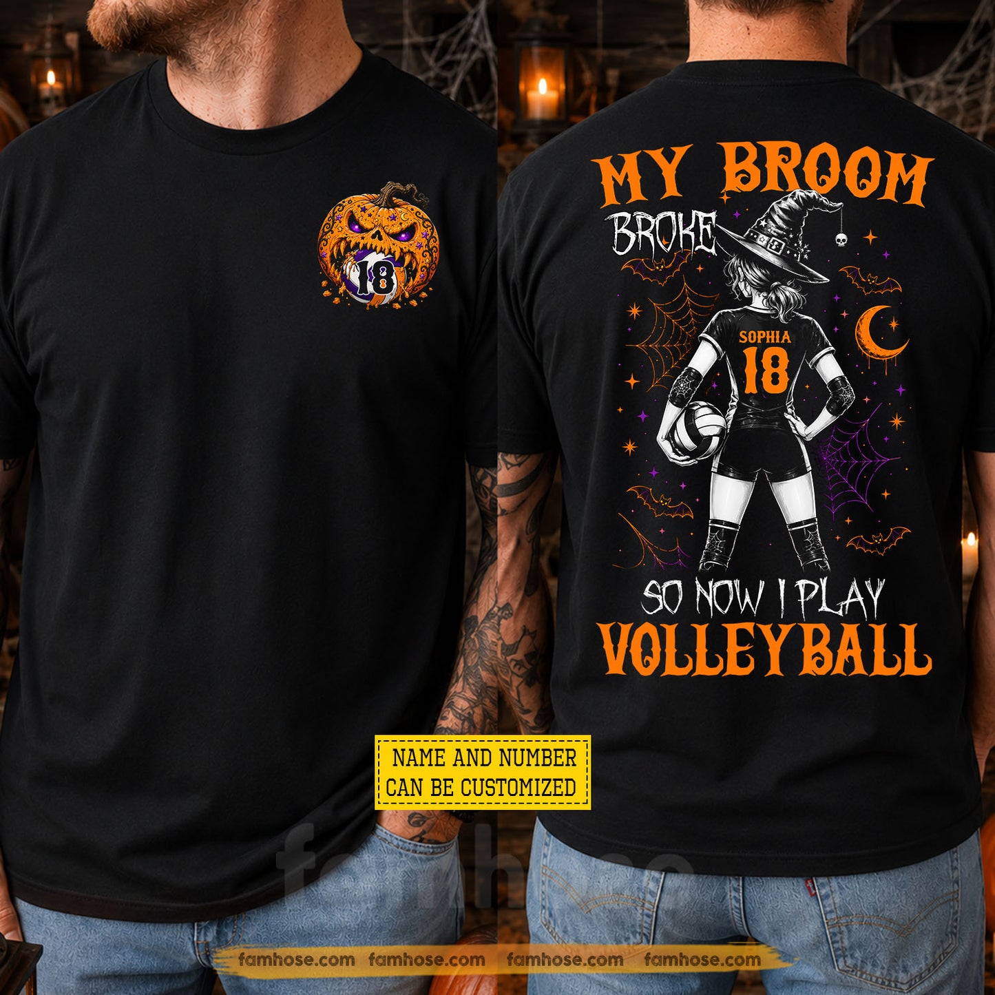 Personalized Halloween Volleyball Witch Two-sided T-shirt, My Broom Broke Tees Spooky Season Gift For Volleyball Lover