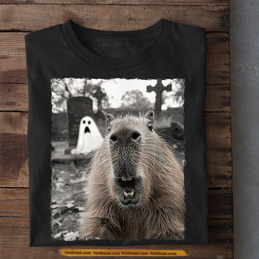 Funny Halloween Capybara T-shirt, Capybara Meets The Ghost Tees Spooky Season Gift For Capybara Lovers