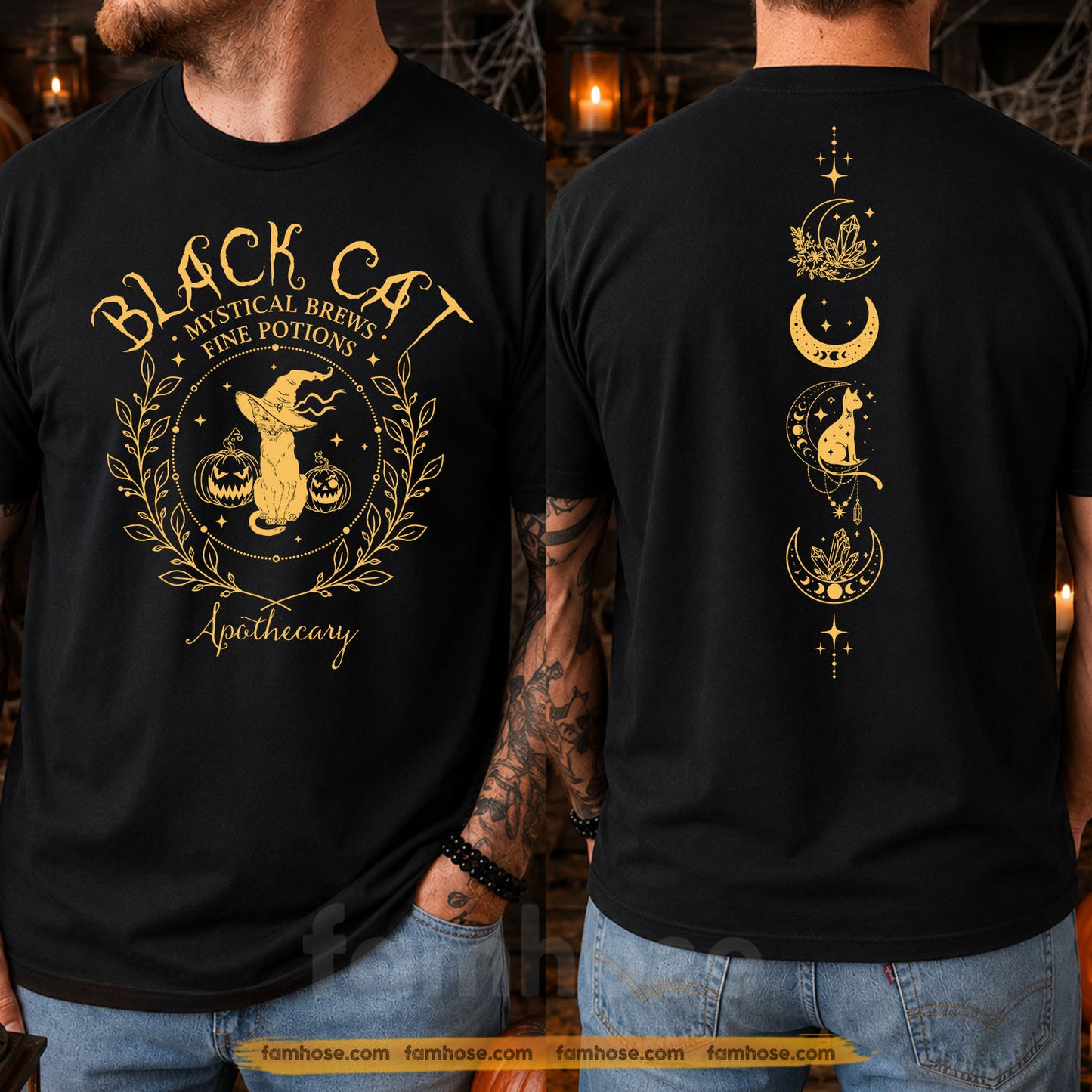 Halloween Black Cat Apothecary Two-sided T-shirt, Mystical Brews Fine Potions Tees Spooky Season Gift For Cat Lover