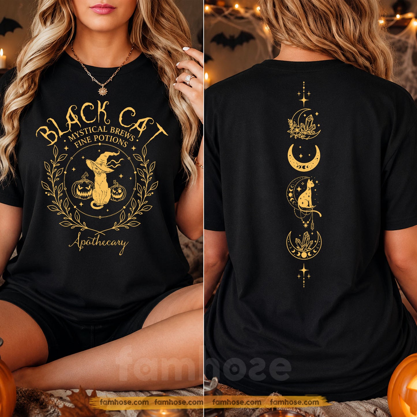 Halloween Black Cat Apothecary Two-sided T-shirt, Mystical Brews Fine Potions Tees Spooky Season Gift For Cat Lover