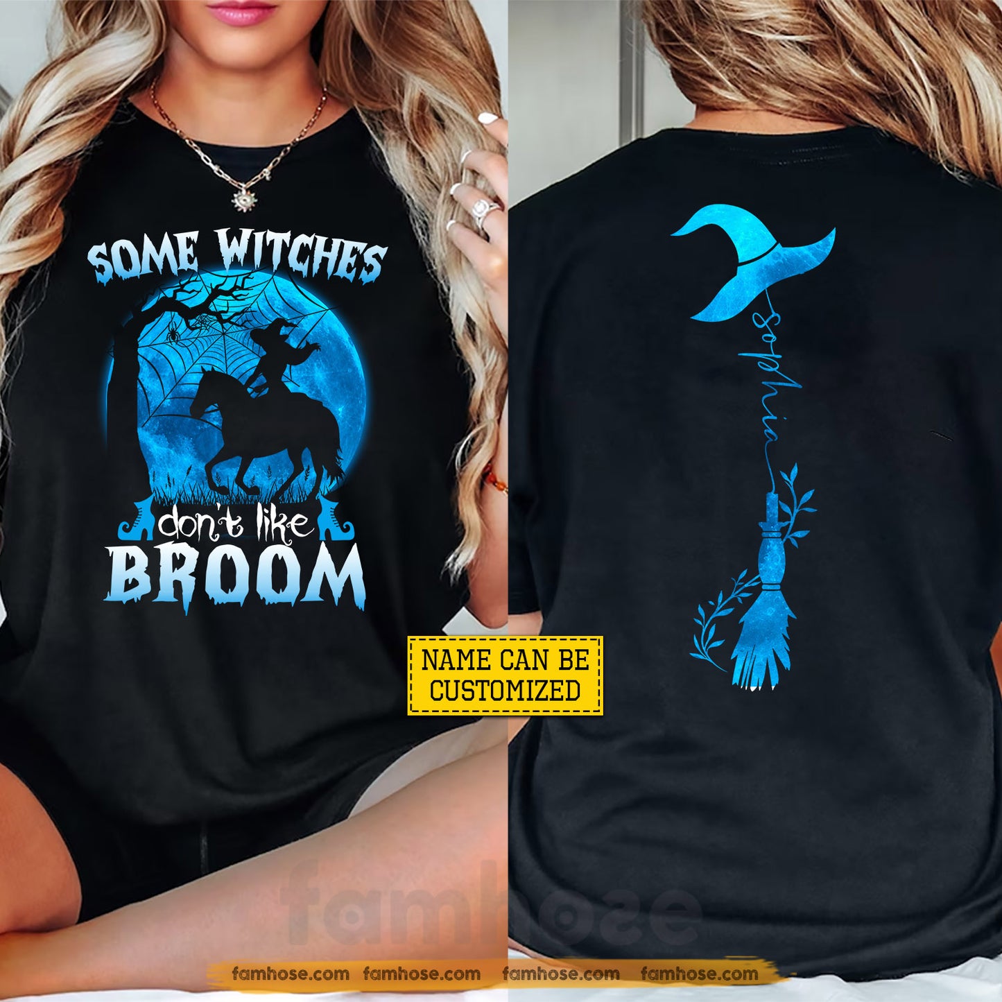 Personalized Halloween Horse Witch Two-sided T-shirt, Some Witches Don't Like Broom Tees Spooky Season Gift For Horse Lover
