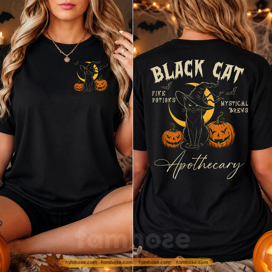 Halloween Black Cat Apothecary Two-sided T-shirt, Fine Potions Mystical Brews Tees Spooky Season Gift For Cat Lover