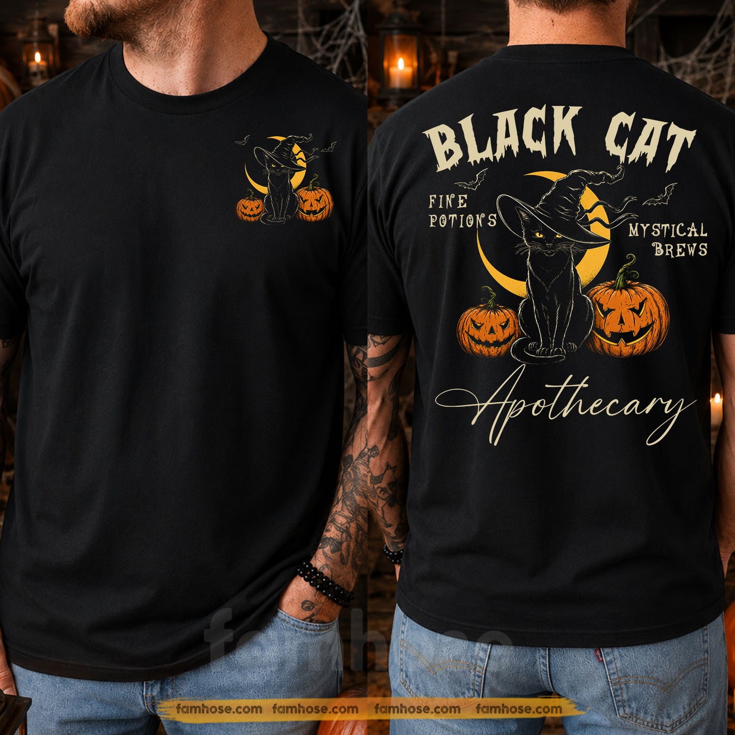 Halloween Black Cat Apothecary Two-sided T-shirt, Fine Potions Mystical Brews Tees Spooky Season Gift For Cat Lover