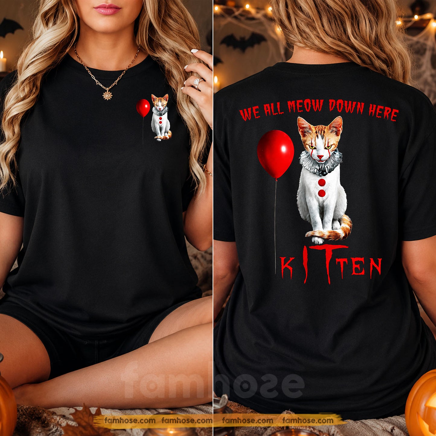 Funny Halloween Clown Cat Two-sided T-shirt, We All Meow Down Here Kitten Tees Spooky Season Gift For Cat Lover