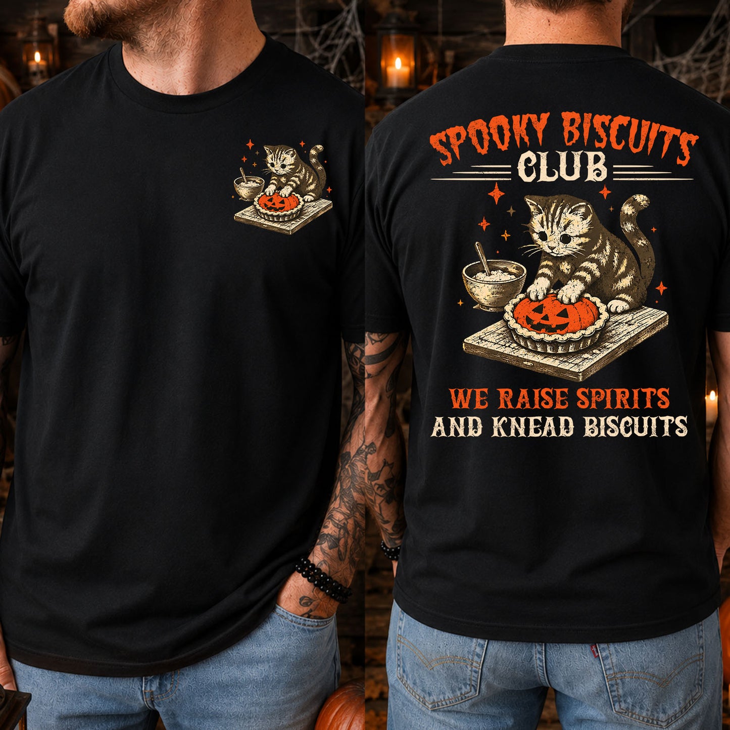 Halloween Cat Two-sided T-shirt, Spooky Biscuits Club Tees Spooky Season Gift For Cat Lover