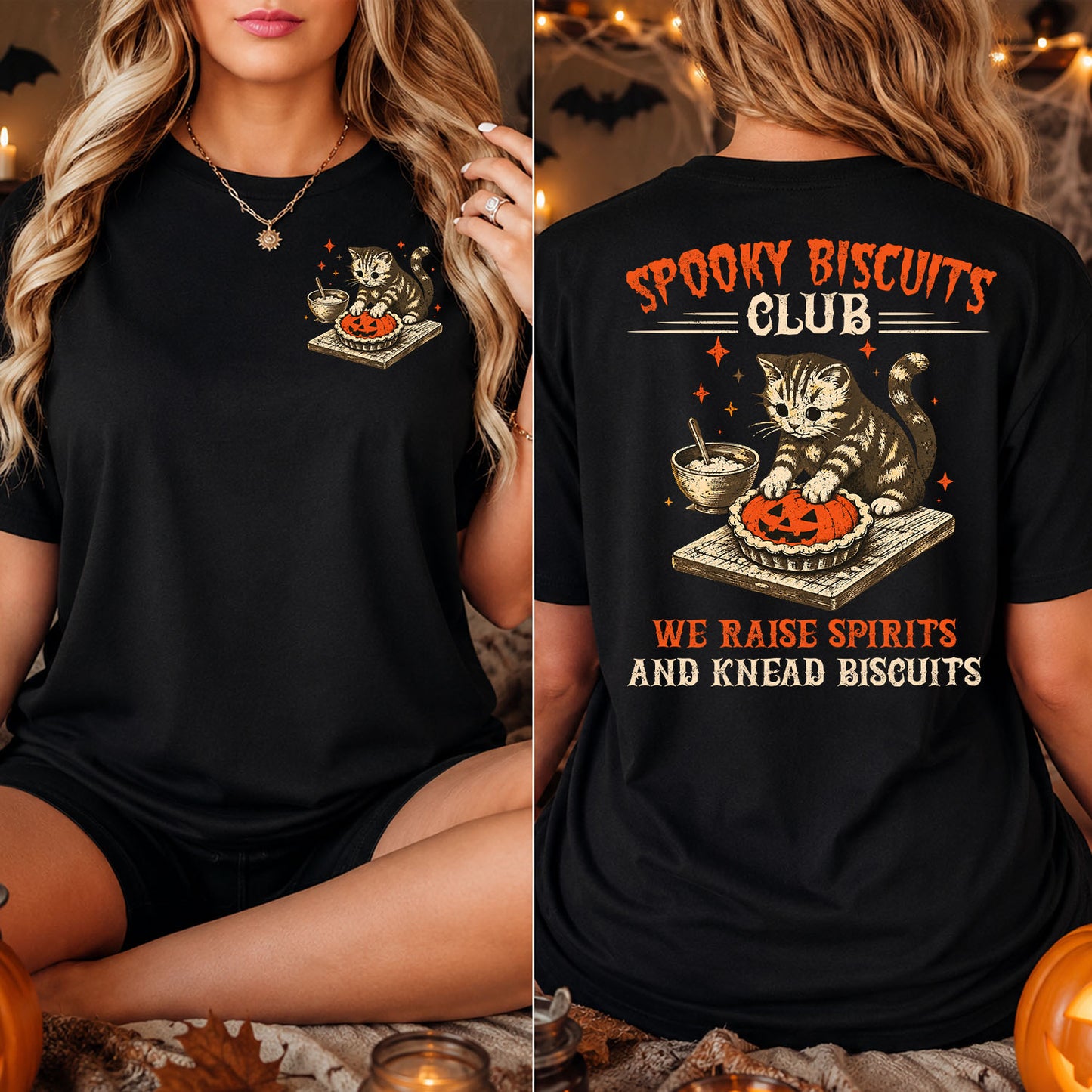 Halloween Cat Two-sided T-shirt, Spooky Biscuits Club Tees Spooky Season Gift For Cat Lover