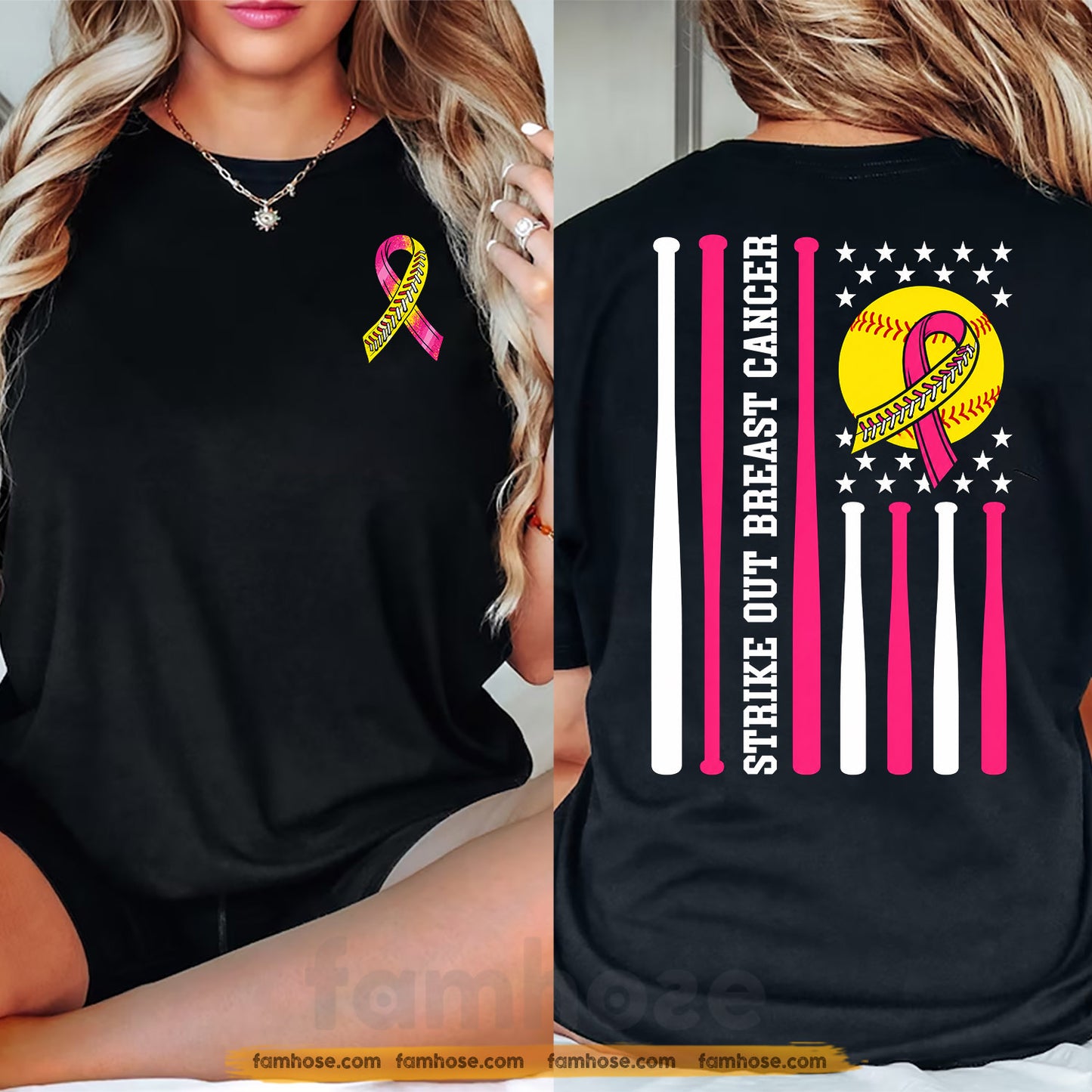Breast Cancer Awareness Softball Two-sided T-shirt, Strike Out Breast Cancer Sport Tees Gift For Softball Lover Who Supports Breast Cancer Awareness