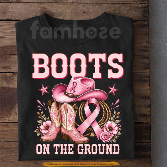 Pink Cowgirl T-shirt, Boots On The Ground Sport Tees Gift For Cowgirl Who Supports Breast Cancer Awareness