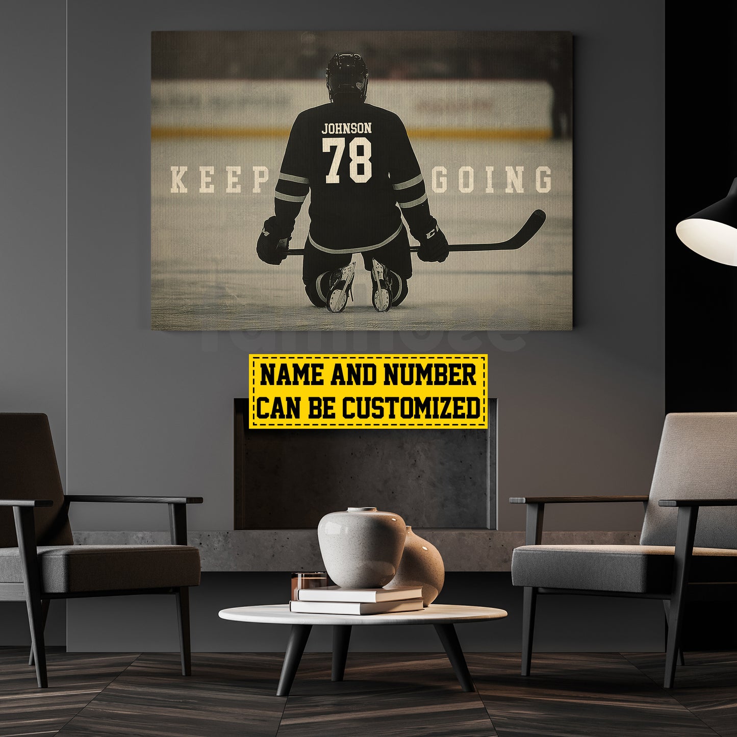 Motivational Personalized Hockey Man Canvas Painting, Keep Going Sport Wall Art Decor, Poster Gift For Hockey Lover
