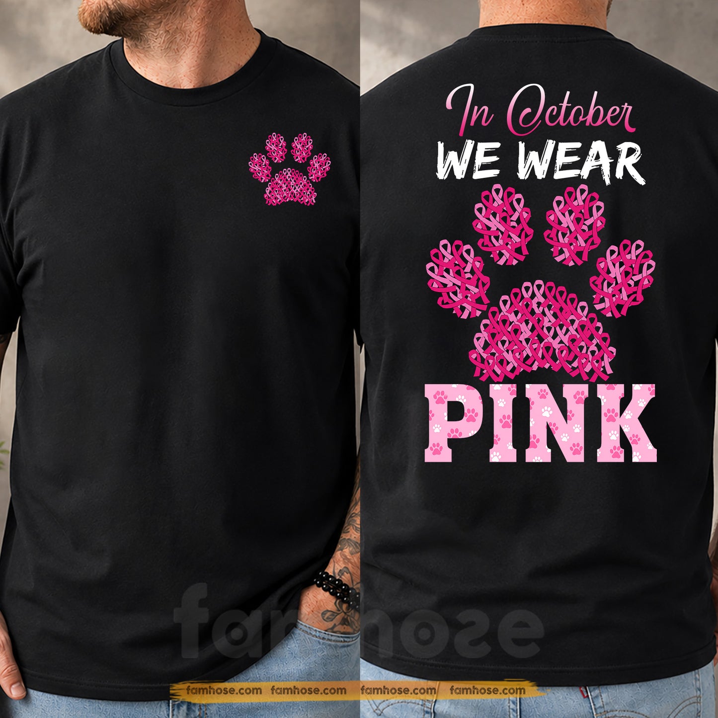 Dog Breast Cancer Awareness Two-sided T-shirt, In October We Wear Pink Ribbon Tees Gift For Dog Lover