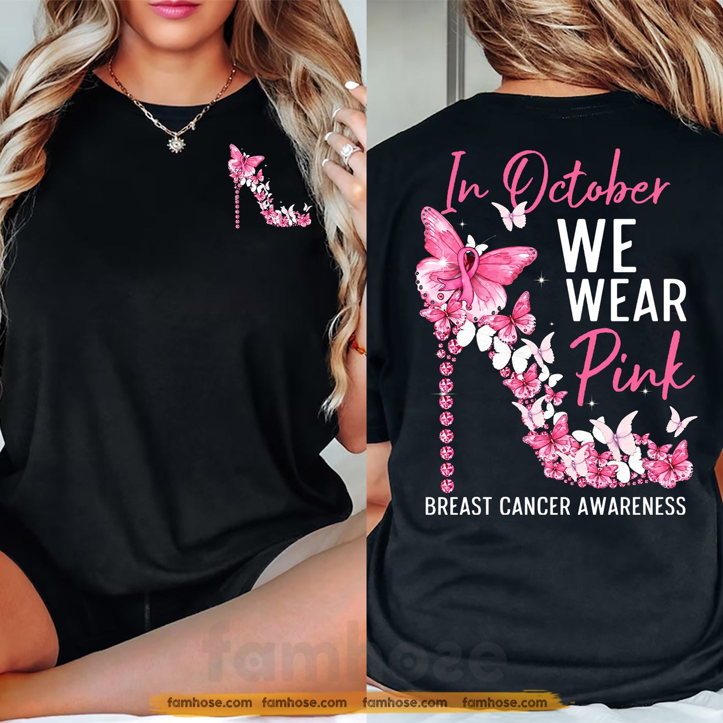 Pink Breast Cancer Awareness Two-sided T-shirt, In October We Wear Pink Ribbon Tees Gift