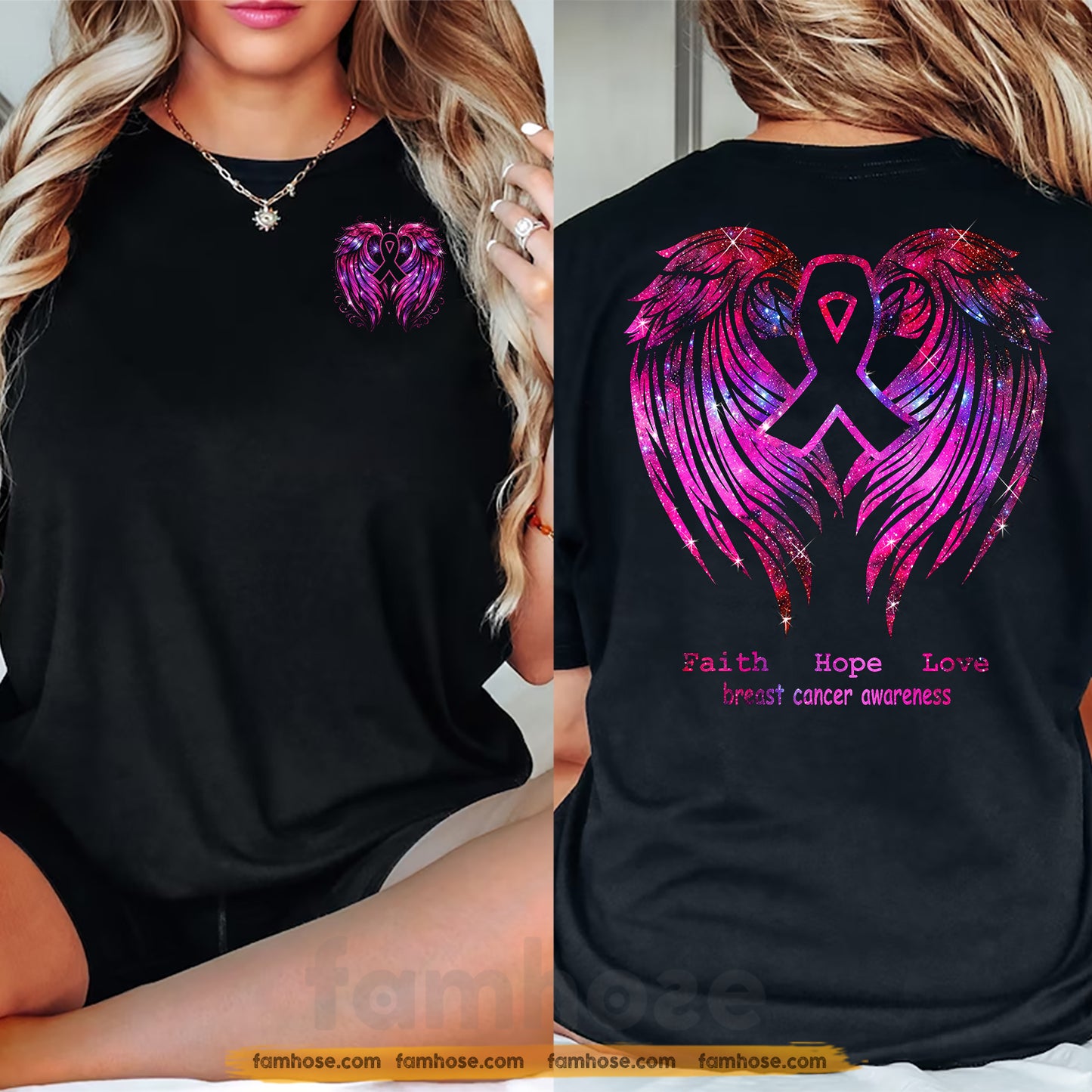 Pink Angel Wings Breast Cancer Awareness Two-sided T-shirt, Faith Hope Love Pink Ribbon Tees Gift