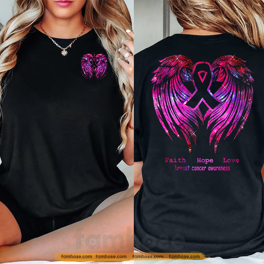 Pink Angel Wings Breast Cancer Awareness Two-sided T-shirt, Faith Hope Love Pink Ribbon Tees Gift