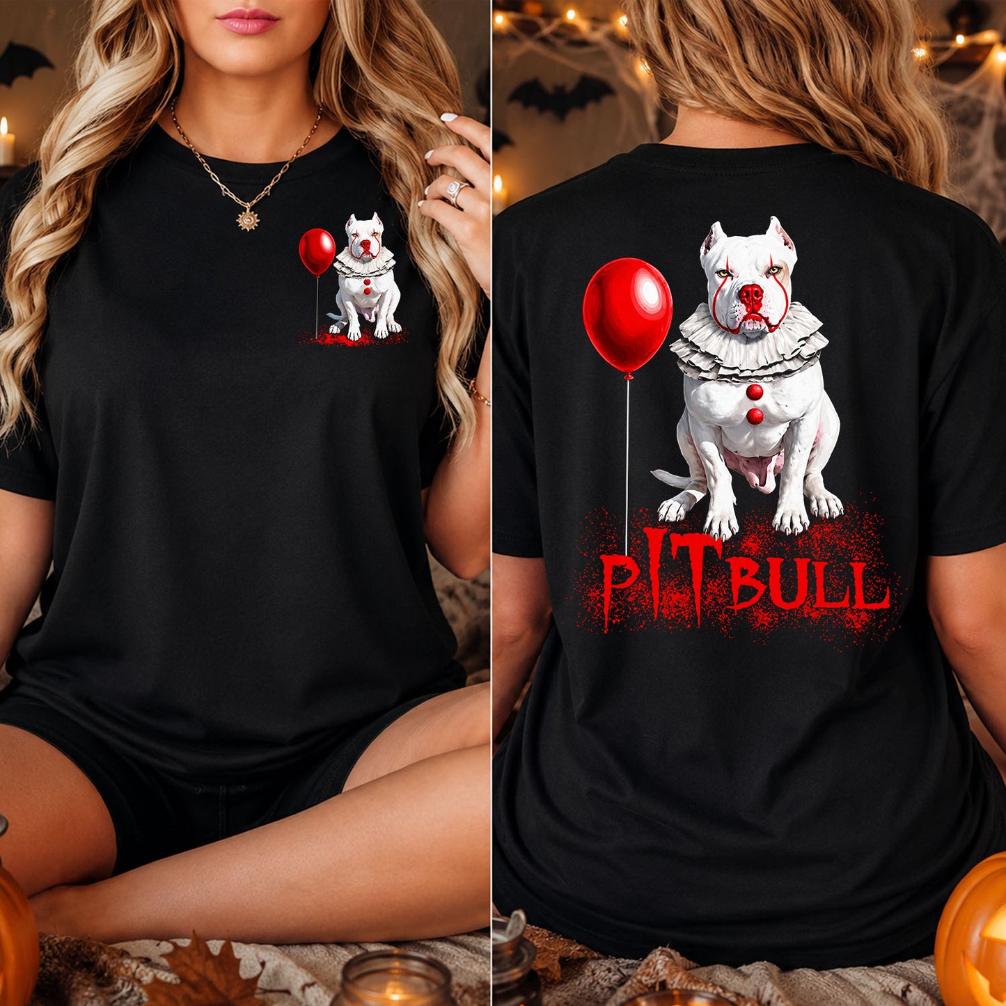 Funny Halloween Clown Pitbull Dog Two-sided T-shirt, Pit Bull Horror Clown Tees Spooky Season Gift For Dog Lover