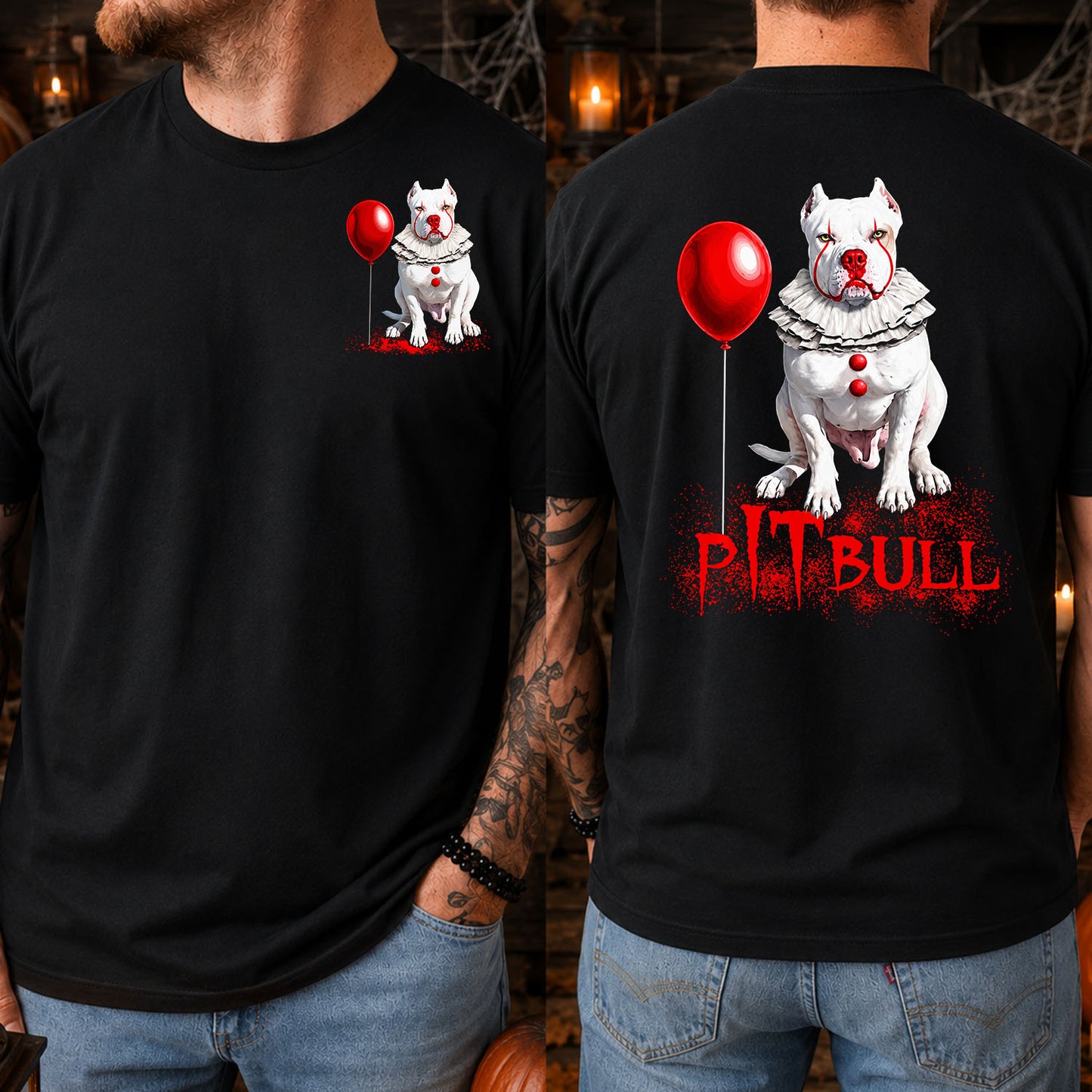 Funny Halloween Clown Pitbull Dog Two-sided T-shirt, Pit Bull Horror Clown Tees Spooky Season Gift For Dog Lover