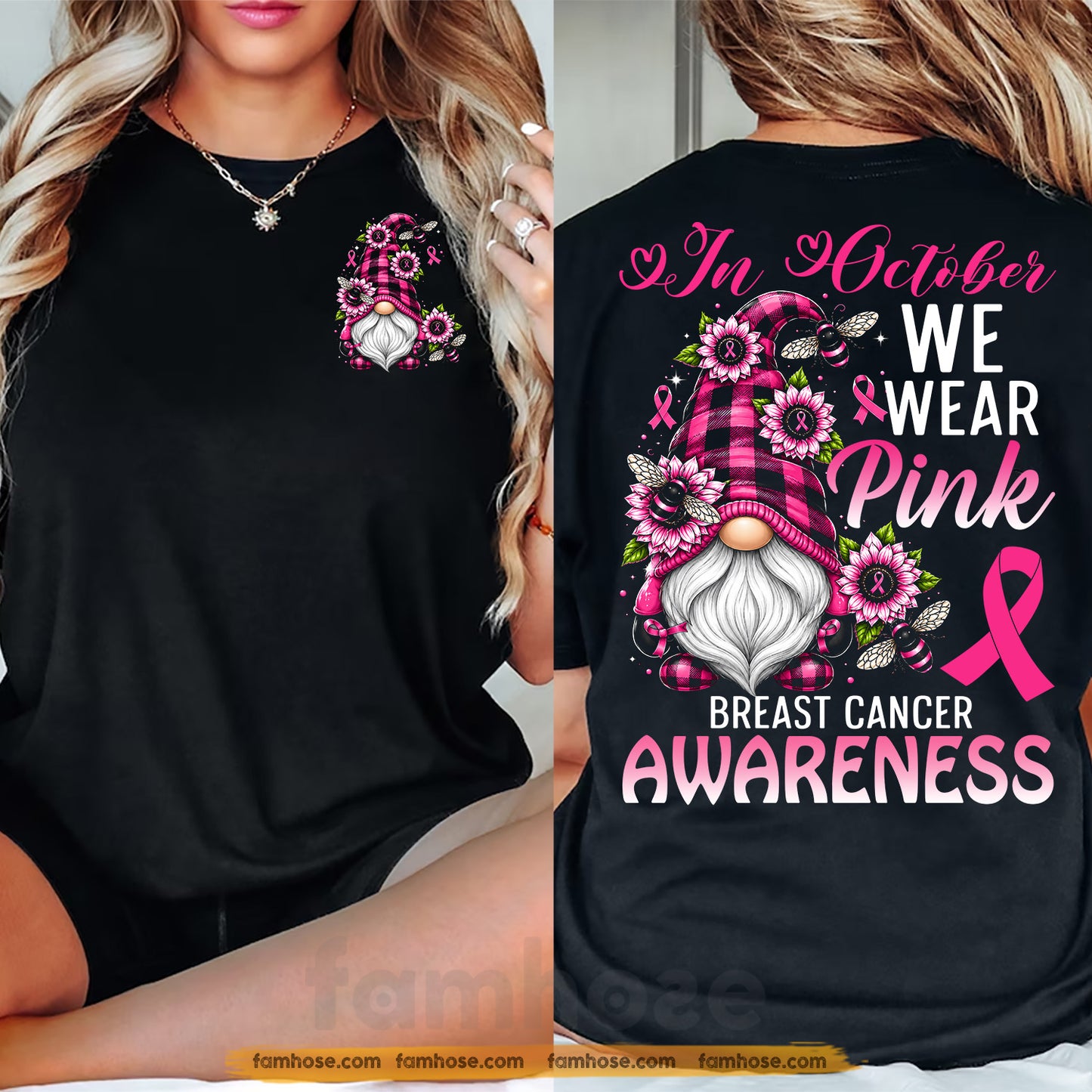 Pink Gnome Breast Cancer Awareness Two-sided T-shirt, In October We Wear Pink Ribbon Tees Gift For Gnome Lover