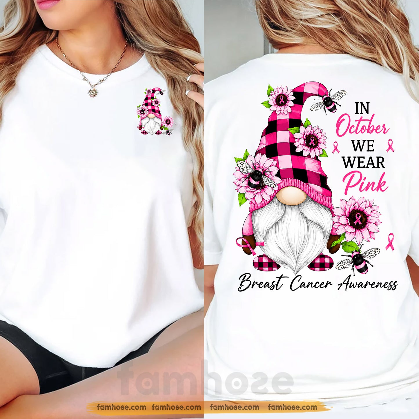 Pink Gnome Breast Cancer Awareness Two-sided T-shirt, In October We Wear Pink Ribbon Tees Gift For Gnome Lover