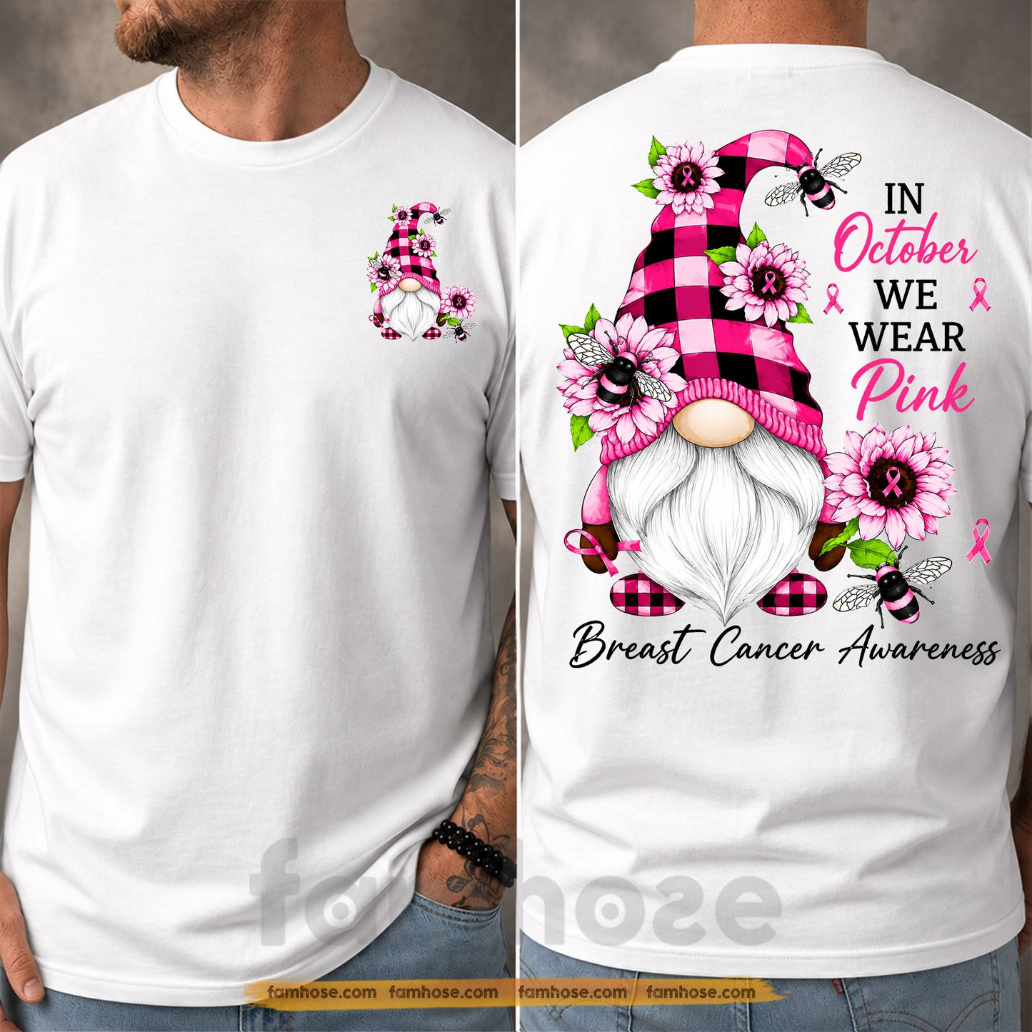 Pink Gnome Breast Cancer Awareness Two-sided T-shirt, In October We Wear Pink Ribbon Tees Gift For Gnome Lover