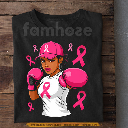 Afro Boxing Black Girl Breast Cancer Awareness T-shirt, Fight Like A Girl Pink Ribbon Tees Gift