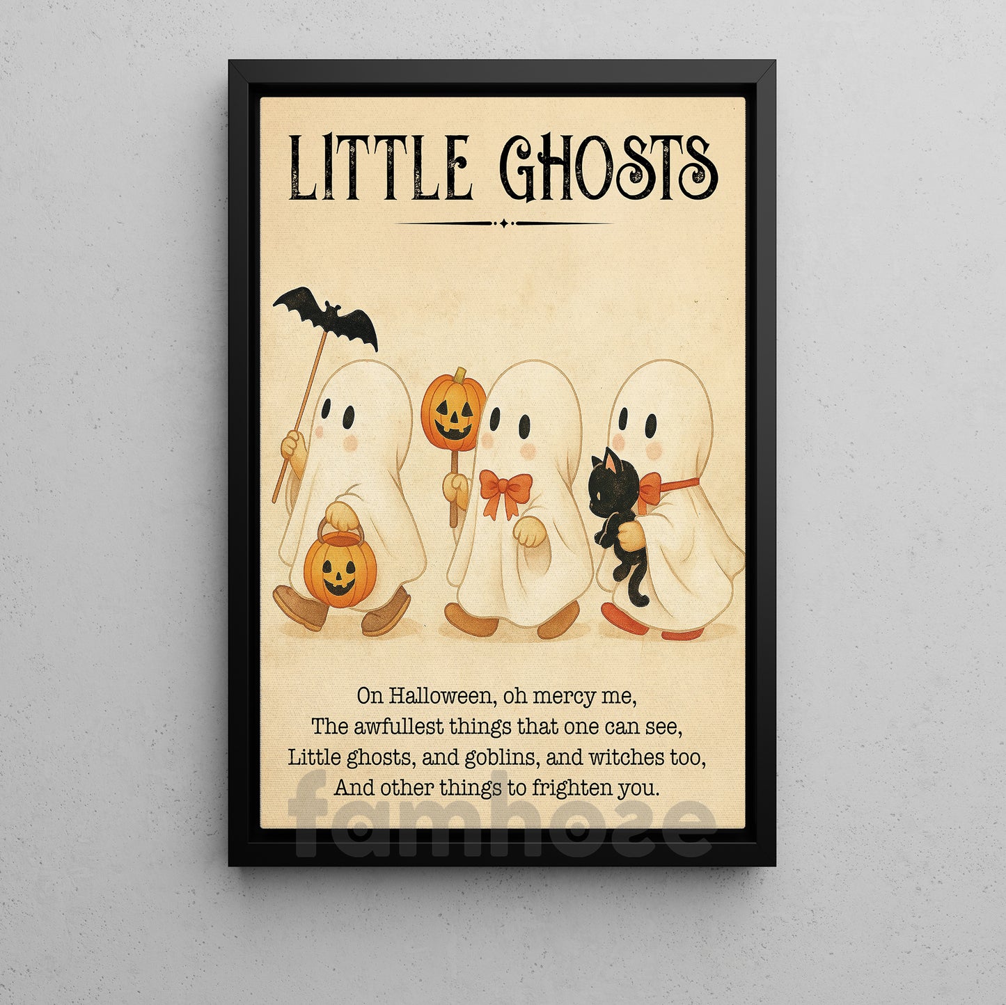 Cute Halloween Boo Canvas Painting, Little Ghosts Wall Art Decor, Spooky Season Poster Gift For Ghost Lovers