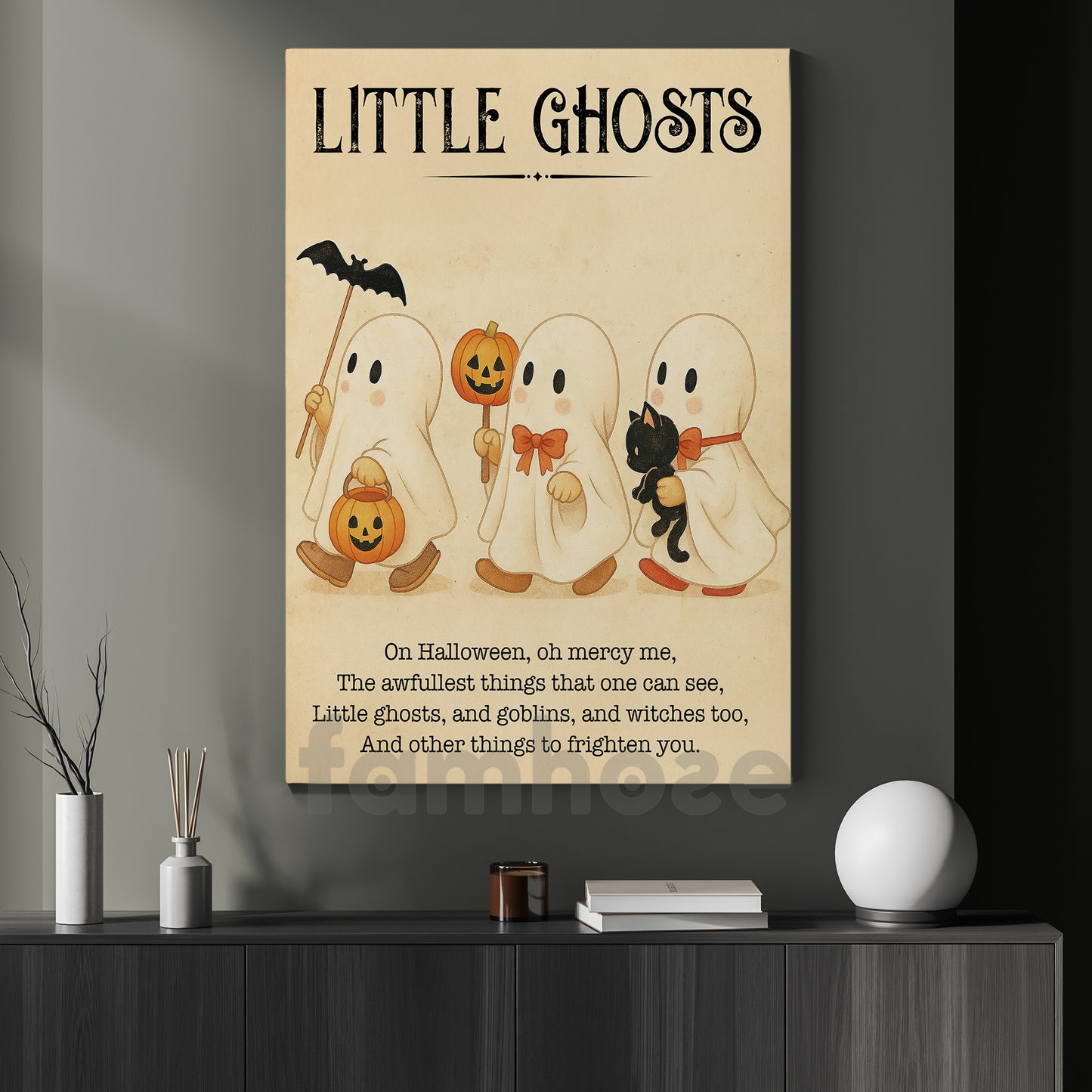 Cute Halloween Boo Canvas Painting, Little Ghosts Wall Art Decor, Spooky Season Poster Gift For Ghost Lovers