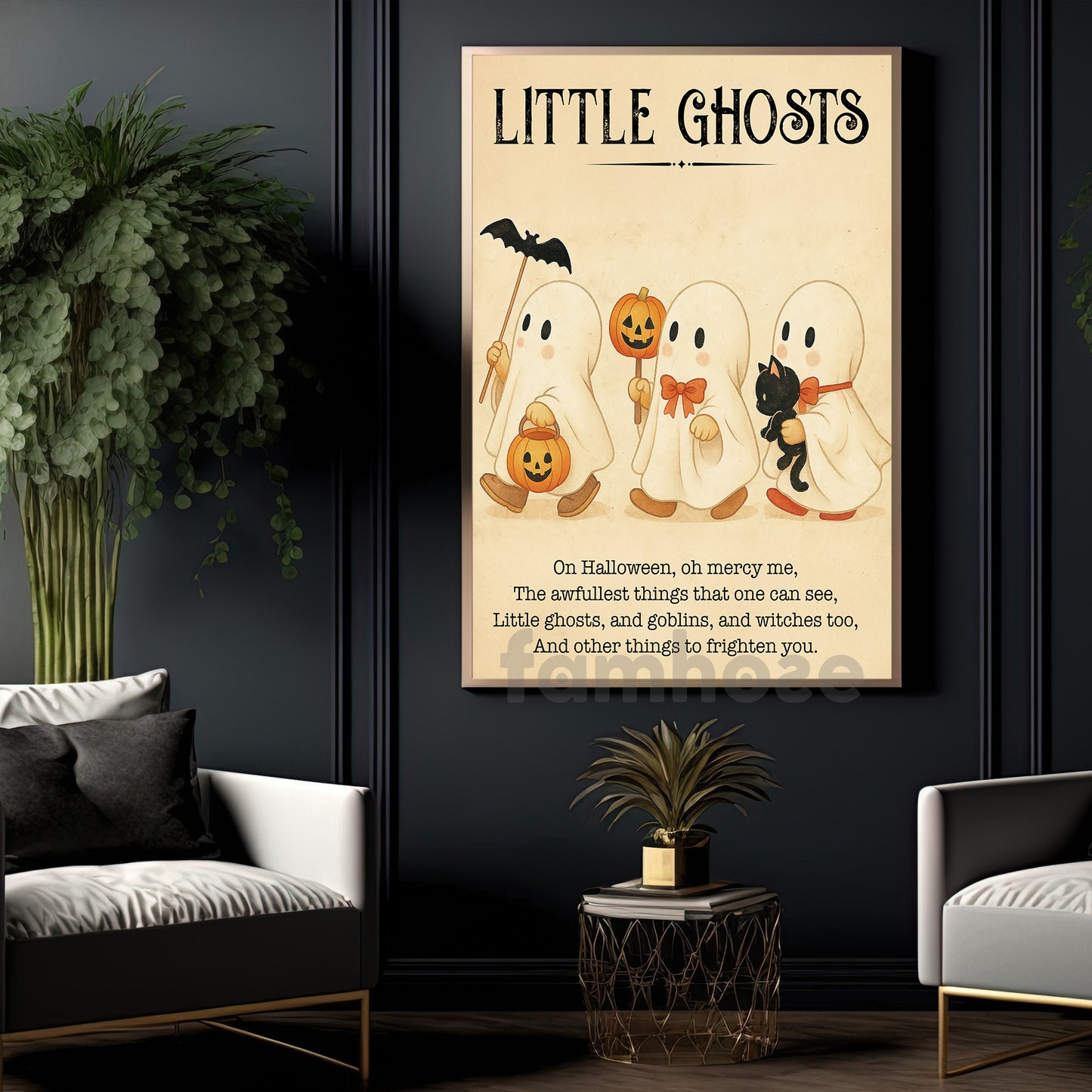 Cute Halloween Boo Canvas Painting, Little Ghosts Wall Art Decor, Spooky Season Poster Gift For Ghost Lovers
