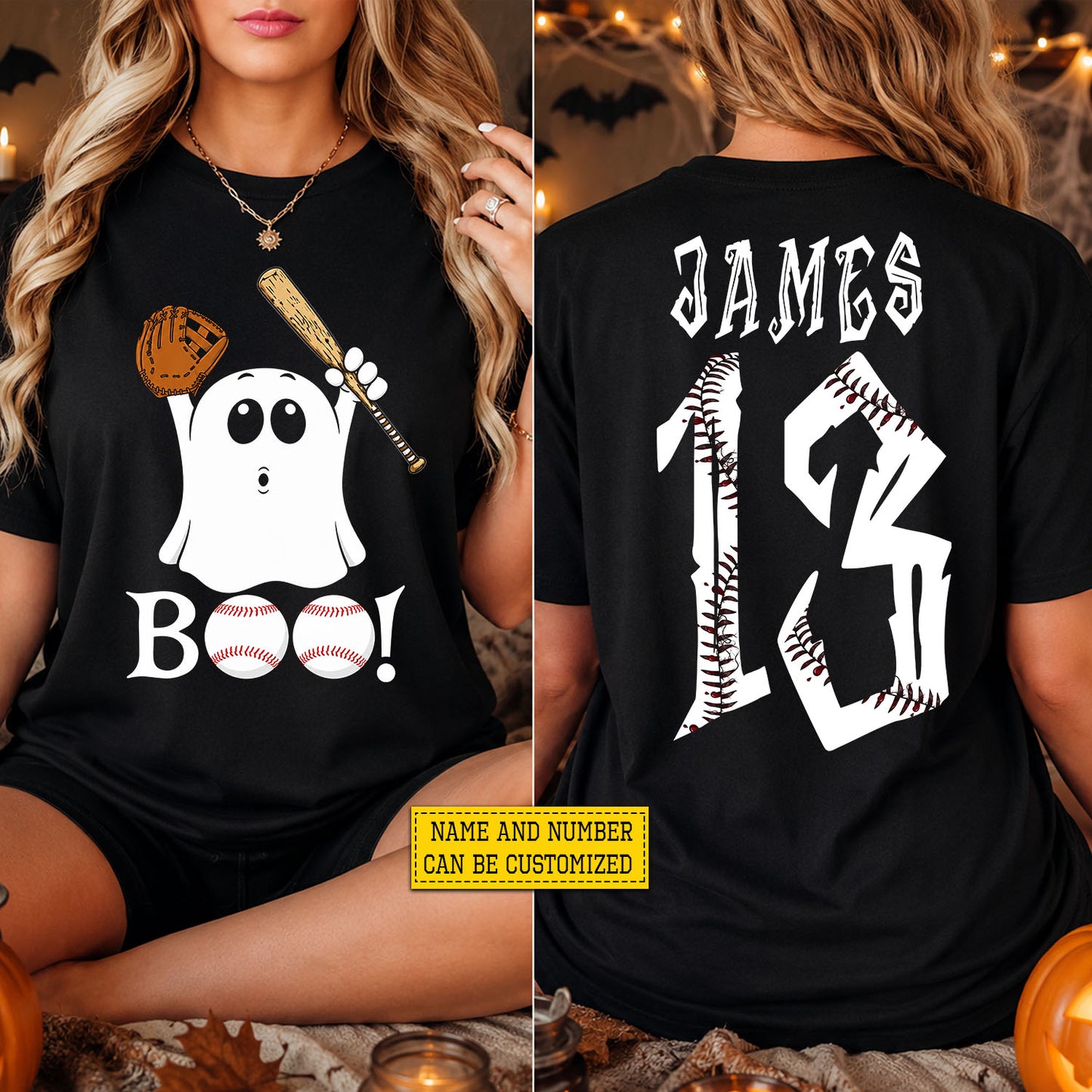 Personalized Halloween Baseball Ghost Two-sided T-shirt, Boo At The Ballpark Tees Spooky Season Gift For Baseball Lover