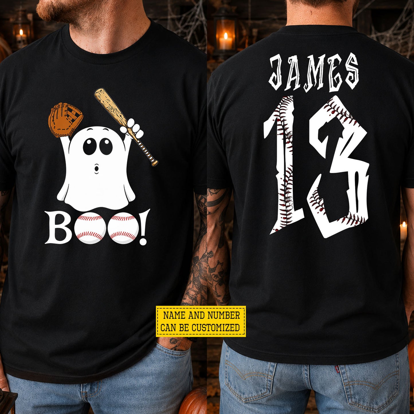 Personalized Halloween Baseball Ghost Two-sided T-shirt, Boo At The Ballpark Tees Spooky Season Gift For Baseball Lover
