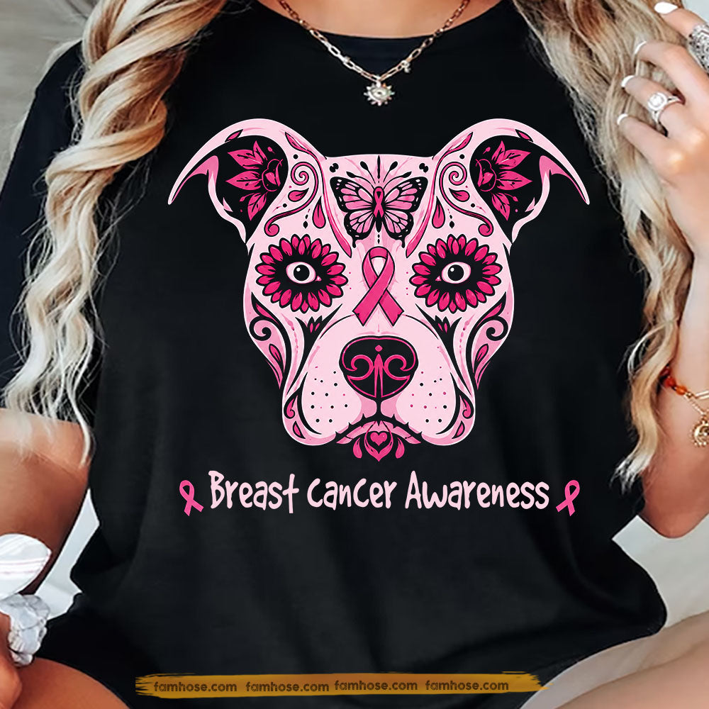 Pitbull Dog Breast Cancer Awareness T-shirt, Pink Ribbon Tees Gift For Dog Lovers