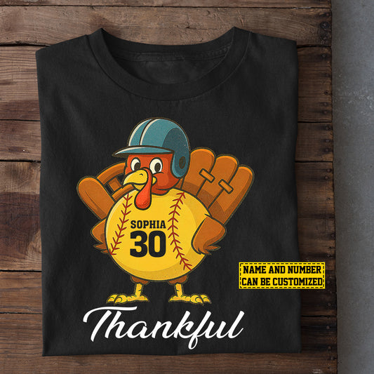 Personalized Thanksgiving Softball T-shirt, Thankful Turkey Tees Gift For Softball Lovers