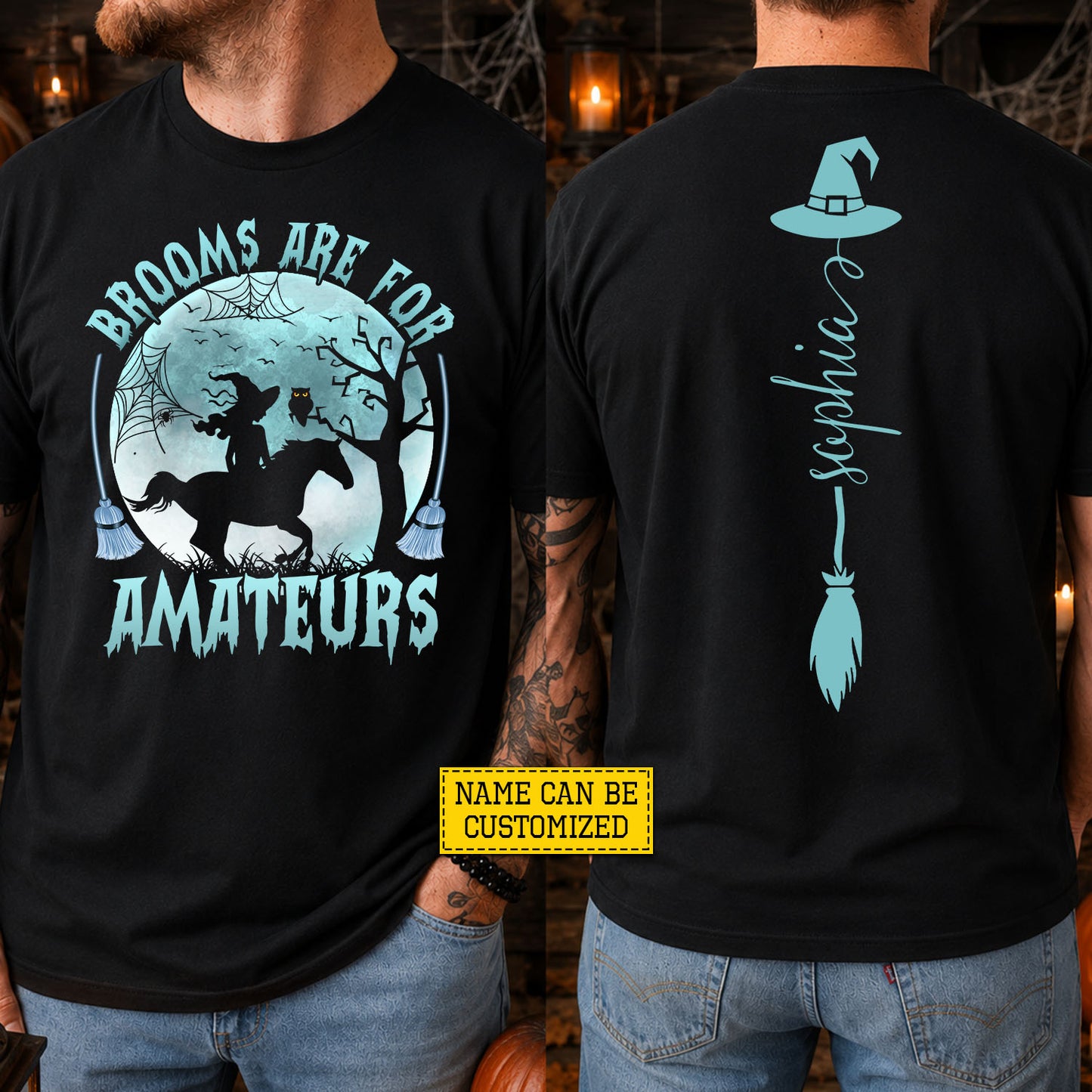 Funny Halloween Witch Riding Horse Two-sided T-shirt, Brooms Are For Amateurs Tees Spooky Season Gift For Witch & Horse Lover