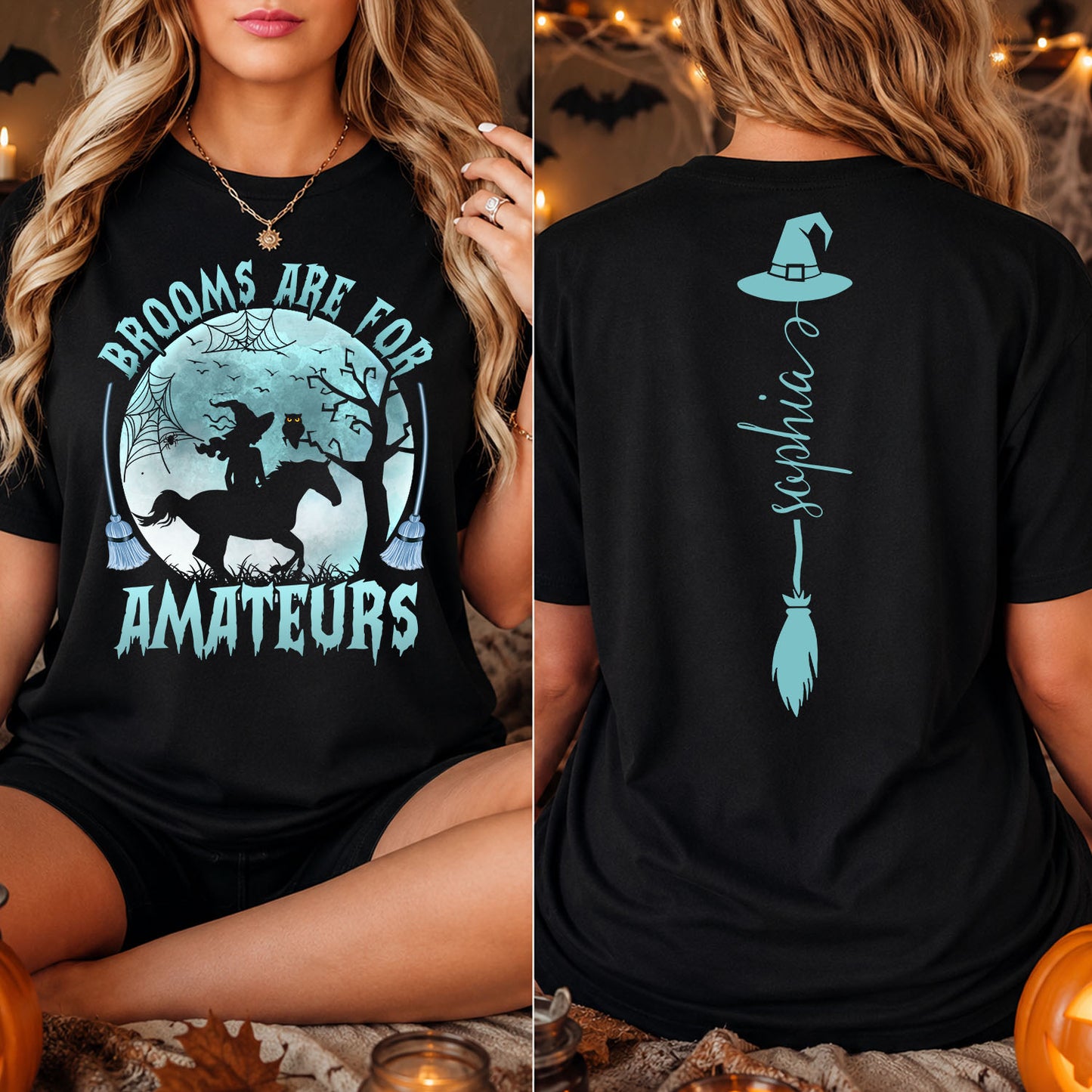 Funny Halloween Witch Riding Horse Two-sided T-shirt, Brooms Are For Amateurs Tees Spooky Season Gift For Witch & Horse Lover