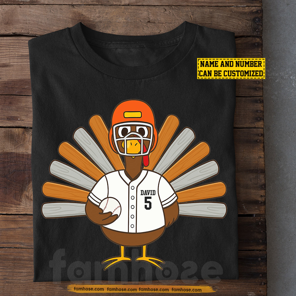 Personalized Thanksgiving Baseball T-shirt, Turkey At Bat Thankful Tees Gift For Baseball Lovers