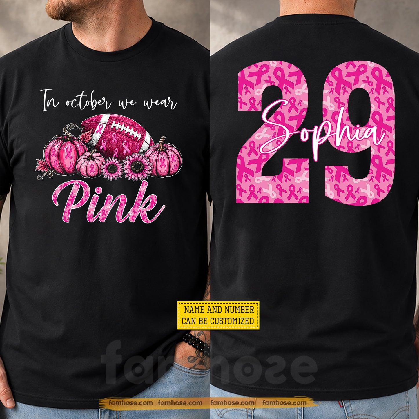 Personalized Football Breast Cancer Awareness Two-sided T-shirt, In October We Wear Pink Ribbon Tees Gift For Football Lover