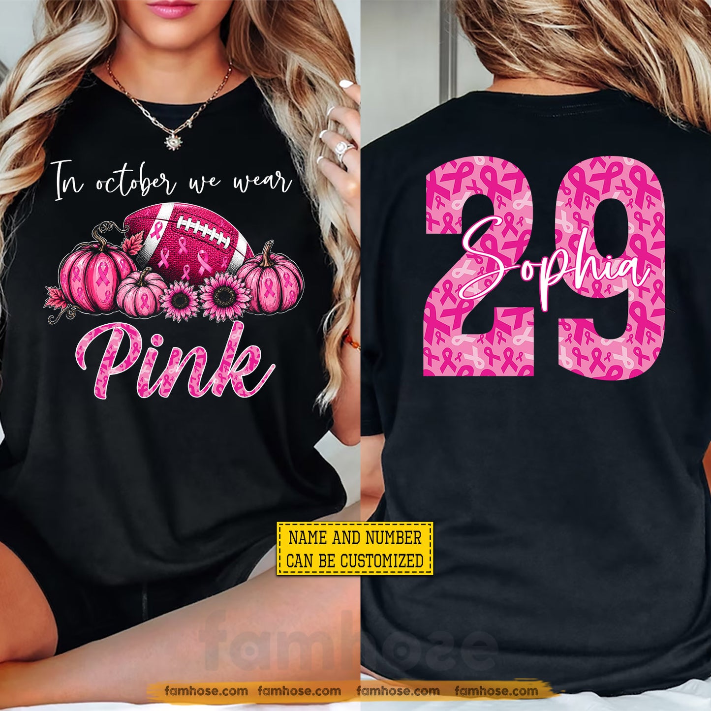Personalized Football Breast Cancer Awareness Two-sided T-shirt, In October We Wear Pink Ribbon Tees Gift For Football Lover