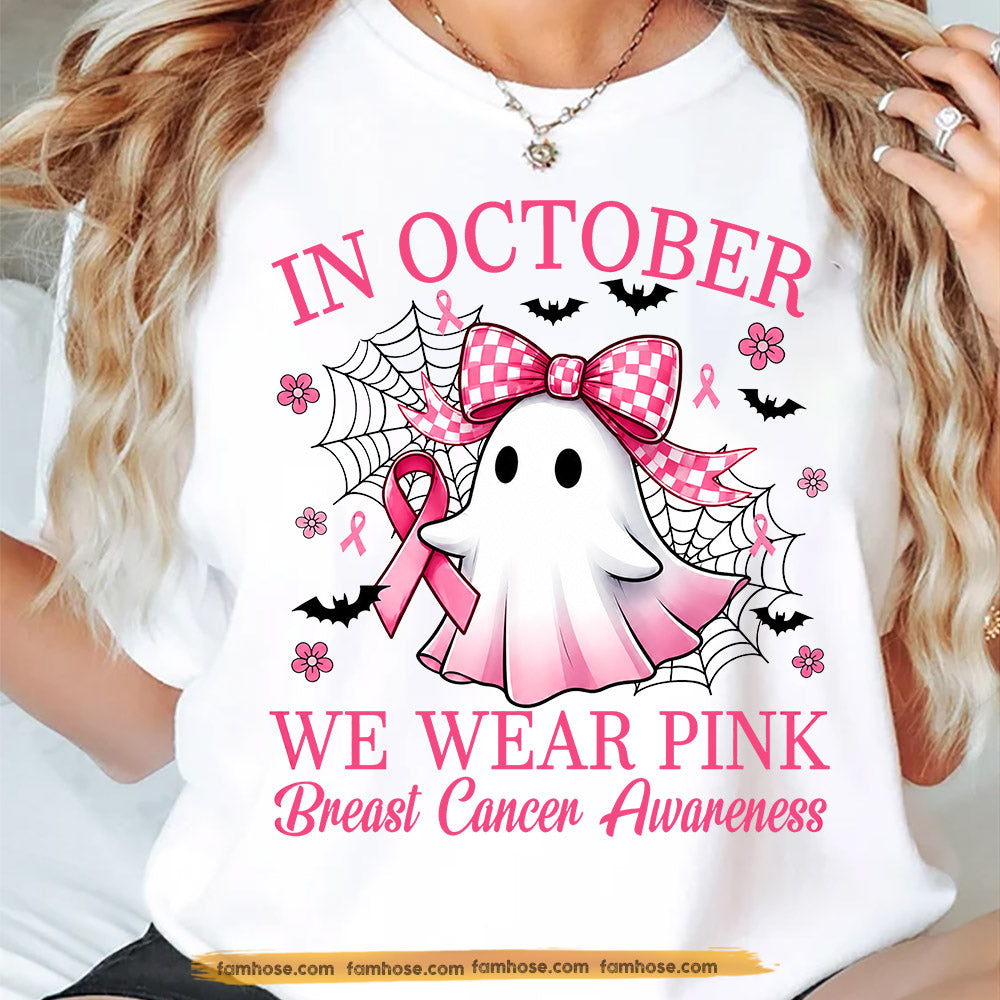 Pink Halloween & Breast Cancer Awareness T-shirt, In October We Wear Pink Ribbon Tees Gift For Ghost Lover